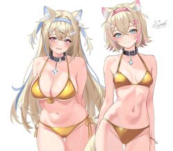 2girls animal_ear_fluff animal_ears bikini black_collar blonde_hair blue_eyes blue_hair blue_hairband breasts cleavage collar commentary cowboy_shot crossed_bangs dog_ears dog_girl dog_tail english_commentary fuwawa_abyssgard gluteal_fold gold_bikini golden_week golden_week_bikini hair_ornament hairband highres hololive hololive_english large_breasts long_hair looking_at_viewer mococo_abyssgard multicolored_hair multiple_girls navel pink_eyes pink_hair rijeka1918 short_hair siblings side-tie_bikini_bottom signature simple_background sisters small_breasts smile standing streaked_hair swimsuit tail twins two_side_up virtual_youtuber white_background x_hair_ornament yellow_tail