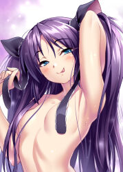 Rule 34 | 1girl, :p, arm up, armpits, black ribbon, blue eyes, blush, breasts, closed mouth, collarbone, commentary request, completely nude, convenient censoring, eyes visible through hair, fingernails, hair censor, hair over breasts, hair over one breast, hair ribbon, half-closed eyes, hand up, head tilt, holding, holding ribbon, lips, little busters!, long hair, looking at viewer, midriff, naughty face, nude, parted bangs, presenting armpit, purple hair, ribbon, sasasegawa sasami, shiny skin, simple background, small breasts, smile, solo, straight hair, sweat, tongue, tongue out, two side up, upper body, very long hair, white background, zen (kamuro)