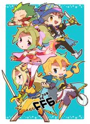 Rule 34 | 2girls, 3boys, 73 (naa), amano yoshitaka design, aqua background, aqua cape, belt, blonde hair, blue eyes, blue headwear, boots, brown eyes, cape, celes chere, chibi, circular saw, closed eyes, coin, cropped jacket, detached sleeves, earrings, edgar roni figaro, fang, fighting stance, final fantasy, final fantasy vi, food, food in mouth, full body, gau, gloves, green eyes, green hair, grey hair, hair between eyes, holding, holding sword, holding weapon, jewelry, locke cole, long hair, low ponytail, multi-tied hair, multiple boys, multiple girls, open mouth, orange legwear, outstretched arms, pantyhose, parted bangs, pink cape, ponytail, puffy short sleeves, puffy sleeves, purple eyes, saw, short sleeves, sideburns, smile, spiked hair, steak, sword, teeth, tina branford, upper teeth only, weapon, wristband
