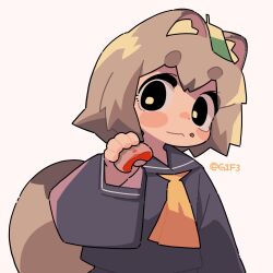 Rule 34 | 1girl, animal ears, ascot, black eyes, closed mouth, dried fruit, food, food on face, fruit, highres, hikimayu, holding, holding food, leaf, leaf on head, long sleeves, original, persimmon, raccoon ears, raccoon girl, raccoon tail, sailor collar, school uniform, serafuku, shirt, simple background, solo, tail, tareme, twitter username, ugif, white background, yellow ascot