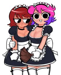 apron black_eyes brown_hair cdromarts gloves highres holding hug kim_pine maid maid_apron multicolored_hair pink_hair ramona_flowers scott_pilgrim_(series) thighhighs white_thighhighs