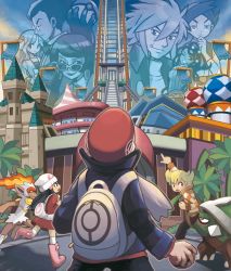 00s argenta_(pokemon) barry_(pokemon) beanie caitlin_(pokemon) creatures_(company) dahlia_(pokemon) darach_(pokemon) dawn_(pokemon) frontier_brain game_freak gen_4_pokemon hat highres infernape lucas_(pokemon) nintendo official_art outdoors palmer_(pokemon) poke_ball poke_ball_(basic) pokemon pokemon_(creature) pokemon_dppt red_hat spiked_hair standing swept_bangs thorton_(pokemon) torterra white_hat