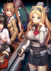 4girls akebono_(kancolle) apron bell black_hair blonde_hair blue_eyes breasts brown_eyes cardigan enemy_lifebuoy_(kancolle) fish fishing_rod flower food gloves grill hair_bell hair_flower hair_ornament hair_ribbon headgear highres ichikawa_feesu isokaze_(kancolle) kantai_collection large_breasts light_brown_hair long_hair long_sleeves machinery military military_uniform multiple_girls murasame_(kancolle) nelson_(kancolle) pleated_skirt ponytail purple_hair red_flower red_rose ribbon rigging rose saury school_uniform serafuku shichirin short_sleeves side_ponytail skirt thighhighs tress_ribbon twintails very_long_hair white_gloves