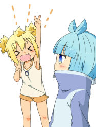 Rule 34 | &gt; &lt;, 2girls, aqua hair, arm up, armpits, blonde hair, blue eyes, blush, bob cut, chibi, covered mouth, dog tags, double v, closed eyes, fang, hokuto itsumo, itsumo hokuto, jacket, jewelry, mashigura, multiple girls, necklace, open mouth, shakunetsu no takkyuu musume, short hair, short twintails, shorts, smile, sportswear, tank top, tenka hanabi, topknot, track jacket, twintails, v