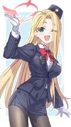 1girl black_hat black_jacket black_skirt blonde_hair blue_archive blue_eyes blush bow bowtie breasts collared_shirt commentary_request fang garrison_cap gloves hat highres jacket karahai_(31448823) large_breasts long_hair long_sleeves looking_at_viewer multicolored_hair name_tag one_eye_closed open_mouth pantyhose pencil_skirt pina_(blue_archive) pina_(guide)_(blue_archive) red_bow red_bowtie shirt simple_background skin_fang skirt solo streaked_hair very_long_hair white_gloves white_shirt