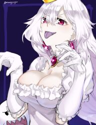 1girl absurdres blush boo_(mario) breasts brooch cleavage collar colored_tongue crown dress earrings elbow_gloves fangs frilled_collar frilled_dress frilled_gloves frills ghost gloves highres jewelry large_breasts long_hair looking_at_viewer luigi&#039;s_mansion mario_(series) mini_crown mitsurugi_sugar new_super_mario_bros._u_deluxe nintendo open_mouth princess_king_boo puffy_short_sleeves puffy_sleeves purple_eyes purple_tongue sharp_teeth short_sleeves smile teeth tongue tongue_out white_dress white_gloves white_hair