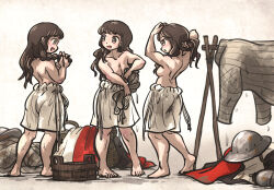 Rule 34 | belt, braid, braiding hair, breasts, brown eyes, brown hair, bucket, cleavage, gambeson, hairdressing, helmet, highres, ironlily, kettle helm, laundry, long hair, multiple girls, ordo mediare sisters (ironlily), standing, toned, toned female, topless female, underwear, wet, wet clothes, wooden bucket