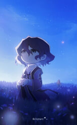 Rule 34 | 2boys, absurdres, alphard (alphard1224), artist name, black hair, blue theme, chinese commentary, closed mouth, coat, commentary request, deformed, field, grey coat, grey eyes, hair between eyes, hatsutori hajime, highres, long sleeves, looking up, male focus, multiple boys, outdoors, own hands together, saibou shinkyoku, shirt, short hair, solo focus, star (sky), stole, utsugi noriyuki, white shirt