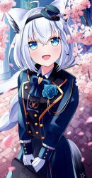 1girl absurdres ahoge animal_ear_fluff animal_ears bag blue_flower blue_jacket blue_rose blue_skirt blush braid braided_ponytail cherry_blossoms commentary_request earrings falling_petals flower fox_ears fox_girl fox_tail gloves green_eyes hair_between_eyes hairband handbag hat highres holding holding_bag hololive jacket jewelry long_hair looking_at_viewer mini_hat open_mouth outdoors pentagram petals rose shirakami_fubuki shirakami_fubuki_(aristocrat_kei) shirt sidelocks single_braid skirt smile solo tail tengmi virtual_youtuber white_gloves white_hair white_shirt