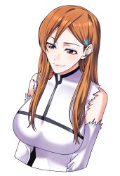Rule 34 | 1girl, absurdres, bare shoulders, bleach, breasts, brown eyes, detached sleeves, female focus, hair ornament, hairclip, highres, inoue orihime, large breasts, long hair, n (nauki 11), orange hair, simple background, smile, upper body, white background