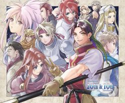 arche_klein blue_eyes character_request closed_mouth commentary cress_albane english_text gensou_suikoden gensou_suikoden_i gloves halu-ca long_hair looking_at_viewer luke_fon_fabre mathiu_silverberg mint_adenade multiple_boys multiple_girls natalia_luzu_kimlasca_lanvaldear odessa_silverberg outside_border pink_eyes pink_hair ponytail smile tales_of_(series) tales_of_phantasia tales_of_the_abyss tear_grants ted_(suikoden) tir_mcdohl v