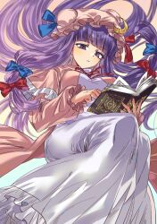 Rule 34 | 1girl, absurdres, blue bow, blue ribbon, blunt bangs, book, bow, breasts, bun cover, commentary, crescent, crescent hat ornament, dress, feet out of frame, grey nagato, hair bow, hat, hat ornament, hat ribbon, highres, holding, holding book, large breasts, long dress, long hair, long sleeves, mob cap, multiple hair bows, neck ribbon, open book, open clothes, open robe, parted lips, patchouli knowledge, pink hat, pink robe, purple eyes, purple hair, reading, red bow, red ribbon, ribbon, robe, solo, touhou, very long hair, white dress