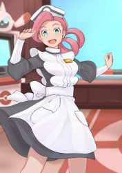 Rule 34 | 1girl, :d, absurdres, black dress, blue eyes, blush, commentary request, dress, fingernails, gen 4 pokemon, hat, highres, indoors, joy (pokemon), long hair, looking at viewer, nintendo, nurse cap, open mouth, pink hair, poke ball print, pokemon, pokemon (anime), pokemon (creature), pokemon journeys, rotom, rotomi, smile, solo, teeth, tongue, upper teeth only, yuuka (a0240765)