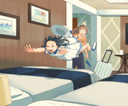 2girls :d absurdres avogado6 bed black_hair blue_shoes brown_hair child dress hat highres hotel_room indoors jumping mother_and_daughter multiple_girls open_mouth original rolling_suitcase shoes short_hair short_sleeves smile suitcase table unworn_hat unworn_headwear unworn_shoes white_dress white_hair white_hat