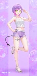 1girl :d =_hair_ornament absurdres alternate_costume arm_up armpits bare_arms black_nails black_tail braid braided_bangs bubble camisole collarbone colored_inner_hair commentary_request demon_girl demon_tail dolphin_shorts ear_chain ear_piercing earrings eyelashes fangs full_body gradient_hair green_eyes hair_ornament hairclip hand_on_own_hip hand_up high_heel_sandals highres hololive jewelry leg_tattoo linked_piercing looking_at_viewer loungewear midriff multicolored_hair nail_polish navel navel_piercing official_alternate_hairstyle open_mouth piercing pink_hair pointy_ears purple_hair purple_shorts salute sandals short_hair short_shorts shorts smile solo standing standing_on_one_leg swept_bangs tail tail_ornament tail_piercing tattoo teeth toenail_polish toenails tokoyami_towa upper_teeth_only virtual_youtuber wajuniorbox white_camisole white_sandals x_hair_ornament