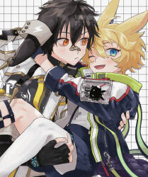 Rule 34 | 2boys, animal ears, arknights, ayerscarpe (arknights), bandaid, bandaid on face, bandaid on nose, blonde hair, blue eyes, carrying, carrying person, highres, infection monitor (arknights), jacket, leonhardt (arknights), long sleeves, male focus, multiple boys, open mouth, orange eyes, rabbit boy, rabbit ears, single leg pantyhose, toen (ynarkni), yaoi