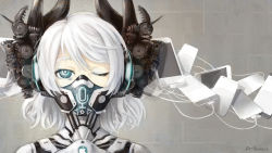 1girl apoidea apple_inc. black_eyes cable cellphone female_focus headphones highres horns iphone mask one_eye_closed personification phone short_hair siri smartphone solo white_hair