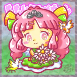 1girl 2023 20s animal bikkuriman_(style) bird blush bouquet bow dress flower grass green_bow green_dress hair_bow hair_ornament hairclip heart holding holding_bouquet long_hair looking_at_viewer misukomu_plus musical_note original pink_eyes pink_hair pink_princess_(misukomu_plus) princess sleeveless sleeveless_dress smile sparkling_eyes standing sticker_(medium) tiara yellow_bow