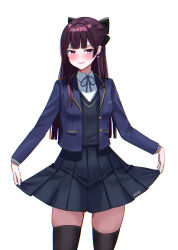 a5235 black_bow black_thighhighs black_vest blue_jacket bow collared_shirt earrings half_updo highres jacket jewelry jururu long_hair multicolored_hair neck pink_eyes pleated_skirt ribbon school_uniform shirt single_earring skirt thighhighs vest virtual_youtuber waktaverse white_shirt