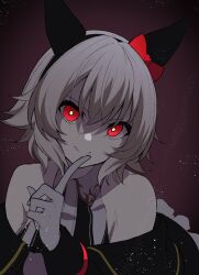 1girl :q absurdres animal_ears black_dress black_hairband bow closed_mouth clothing_cutout commentary curren_chan_(umamusume) dress ear_bow ear_covers finger_to_mouth frilled_dress frills gloves glowing glowing_eyes grey_hair haibarasaika hairband head_tilt headband highres horse_ears horse_girl index_finger_raised licking_lips long_sleeves looking_at_viewer portrait red_eyes short_hair shoulder_cutout simple_background smile solo textless_version tongue tongue_out umamusume white_gloves white_hair