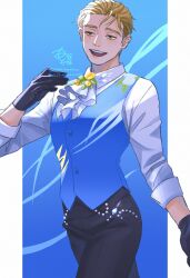 Rule 34 | 1boy, absurdres, akeuraji tsukasa, artist name, black gloves, black pants, blonde hair, blue background, blue vest, brooch, copyright request, gloves, highres, jewelry, male focus, medalist (manga), mona kanakana, outside border, pants, vest, white background, yellow eyes
