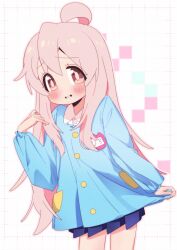 1girl ahoge alternate_costume bare_legs blue_skirt blush brown_eyes commentary cowboy_shot embarrassed eyes_visible_through_hair hair_between_eyes highres kindergarten_uniform long_hair long_sleeves looking_at_viewer miniskirt mochitsuki_kagami name_tag onii-chan_wa_oshimai! oyama_mahiro parted_bangs pink_hair pleated_skirt simple_background skirt smock solo very_long_hair white_background