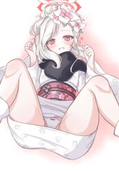 1girl :d amerika_neko black_scarf blue_archive blush bright_pupils clenched_hands commentary feet_out_of_frame floral_print floral_print_kimono flower fur_scarf grin hair_behind_ear hair_bun hair_flower hair_ornament halo hands_up heart highres ink_on_face japanese_clothes kanzashi kimono loli long_sleeves looking_at_viewer lying m_legs mutsuki_(blue_archive) mutsuki_(new_year)_(blue_archive) obi official_alternate_costume official_alternate_hairstyle on_back open_mouth panties pink_flower print_kimono red_eyes red_halo red_sash sash scarf simple_background single_hair_bun smile solo spread_legs thighs underwear white_background white_flower white_kimono white_panties wide_sleeves yukata