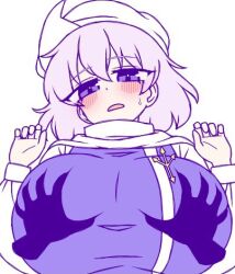 1girl 1other blush breasts commentary deep_skin grabbing_another&#039;s_breast groping hat huge_breasts ketsumaimo letty_whiterock looking_at_viewer lowres open_mouth pink_hair purple_eyes purple_vest shirt simple_background solo_focus touhou upper_body vest white_background white_hat white_shirt