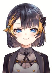 :3 ahoge artist_name black_hair blonde_hair blue_eyes blush bob_cut bow braid chest_belt cosplay eliekonkon formal_clothes hair_bow highres looking_at_viewer medium_hair multicolored_hair nijisanji nijisanji_en petra_gurin rosemi_lovelock rosemi_lovelock_(5th_costume) rosemi_lovelock_(5th_costume)_(cosplay) rosemi_lovelock_(cosplay) simple_background streaked_hair suit twitter_username virtual_youtuber white_background