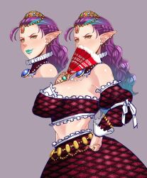 1girl arm_ribbon bare_shoulders blue_gemstone blush bracelet braid breasts crown earrings elf enoshima_iki gem gold_bracelet gold_crown gold_earrings gold_ring green_eyes jewelry large_breasts long_ears multicolored_hair necklace oba-sans_saga pearl_necklace pointy_ears profile purple_background purple_hair ribbon sieralinde_(oba-sans_saga) simple_background standing streaked_hair tagme two-tone_hair