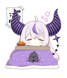=_= absurdres ahoge black_horns bowl braid braided_bangs chibi closed_eyes crow_(la+_darknesss) demon_horns facing_viewer food fruit head_only highres hololive horns kotatsu kyabetsu_ningen la+_darknesss long_hair mandarin_orange multicolored_hair no_mouth purple_hair simple_background single_braid streaked_hair striped_horns table tail under_kotatsu under_table virtual_youtuber white_background white_hair