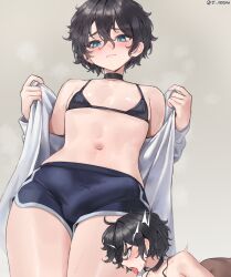 1boy artist_name bikini black_bikini black_choker black_hair black_shorts blue_eyes blush bulge choker commentary cowboy_shot cropped crossdressing dolphin_shorts english_commentary erection erection_under_clothes furrowed_brow furry grey_background implied_sex jtveemo long_sleeves looking_at_viewer male_focus multiple_views navel original shirt shorts simple_background solo_focus sweat swimsuit thighs tongue tongue_out trap twitter_username undressing white_shirt