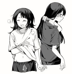 Rule 34 | 2girls, bang dream!, bang dream! it&#039;s mygo!!!!!, bite mark, bite mark on neck, blush, closed eyes, closed mouth, greyscale, highres, jenjen, long hair, midriff, monochrome, multiple girls, navel, open mouth, shiina taki, shirt, short sleeves, simple background, teeth, upper teeth only, white background, yahata umiri, yawning, yuri