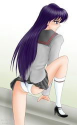 Rule 34 | 1990s (style), 1girl, ass, bishoujo senshi sailor moon, black footwear, black hair, closed mouth, cosplay, dark skirt, earrings, female focus, gradient background, grey skirt, happy, high heel shoes, high heels, hino rei, jewelry, knee up, kneecap, kneecaps, kneehighs, leg lift, leg raise, leg up, leggings, legs, long hair, long legs, long sleeves, one hand, one knee up, one leg lift, one leg raised, panties, pantyshot, purple eyes, purple hair, retro artstyle, sailor mars, sailor mars (cosplay), school uniform, serafuku, skirt, smile, socks, solo, strappy heels, super sailor mars, thighs, thighs focus, underwear, upskirt, very long hair, very short skirt, white panties, wind, wind lift