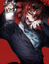 1girl absurdres alternate_costume androgynous arm_up black_jacket black_suit blue_necktie can closed_eyes collared_shirt fingernails flat_chest formal_clothes hair_between_eyes hand_up highres holding holding_can jacket kasane_teto korean_commentary liar_dancer_(synthesizer_v) necktie open_mouth red_background red_hair red_nails shirt solo suit sweat teeth tongue unkempt upper_body utau wing_collar yang0602222