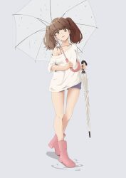 1girl alternate_costume blue_shorts boots brown_eyes brown_hair chakoru grey_background highres kantai_collection long_hair pink_boots rubber_boots ryuujou_(kancolle) shirt shorts simple_background solo transparent transparent_umbrella umbrella white_shirt
