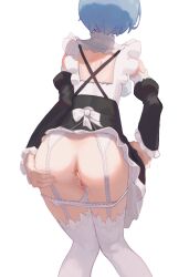 1girl absurdres after_anal anus ass back_bow black_skirt black_sleeves blue_hair bow clothes_lift cum cum_in_ass cumdrip detached_sleeves female_focus from_behind garter_straps hand_on_own_ass highres leaning_forward long_sleeves maid miniskirt panties panties_over_garter_belt panty_pull pussy re:zero_kara_hajimeru_isekai_seikatsu rem_(re:zero) roswaal_mansion_maid_uniform short_hair shoulder_blades simple_background skirt skirt_lift solo standing thighhighs toxic_(toxicv) uncensored underwear white_background white_bow white_panties white_thighhighs