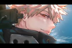 1boy bakugou_katsuki bel_(slbelen_) blonde_hair blue_sky boku_no_hero_academia close-up closed_mouth commentary english_commentary eyelashes from_side highres letterboxed lips looking_at_viewer male_focus red_eyes short_hair sky smile solo spiked_hair