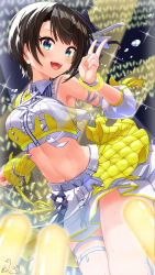 1girl absurdres black_hair blue_eyes concert cropped_shirt glowstick hand_up highres hololive hololive_idol_uniform_(color_rise) idol_clothes looking_at_viewer multicolored_shirt navel nushiya_(ayihsem) oozora_subaru open_mouth shirt short_hair skirt solo sweat teeth upper_teeth_only v virtual_youtuber watermark white_shirt white_skirt yellow_shirt