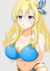 1girl arm_under_breasts bikini blonde_hair blue_bikini blue_eyes boku_wa_tomodachi_ga_sukunai breasts cleavage highres huge_breasts kashiwazaki_sena large_breasts legs long_hair navel open_mouth solo sweatdrop swimsuit thighs thong_bikini tongue