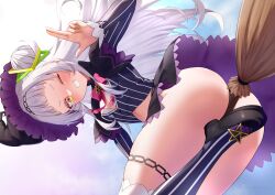 1girl ;d arched_bangs ass black_capelet black_gloves black_hat black_jacket black_shoes black_skirt black_thighhighs bow bowtie broom broom_riding capelet commentary cone_hair_bun cropped_jacket dutch_angle faubynet gloves grey_hair grin hair_bun hairband hand_up hat hexagram_hair_ornament highres hololive jacket knees_out_of_frame loafers long_hair long_sleeves looking_at_viewer microskirt midriff murasaki_shion murasaki_shion_(1st_costume) one_eye_closed open_mouth pentagram pink_bow pink_bowtie pinstripe_jacket pinstripe_pattern purple_capelet revision shoes short_eyebrows side_up_bun sidelocks single_side_bun skirt smile solo striped_clothes striped_thighhighs thighhighs vertical-striped_clothes vertical-striped_thighhighs virtual_youtuber witch_hat yellow_eyes