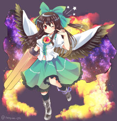 1girl ;) arm_cannon black_hair black_socks black_wings boots bow breasts cape center_frills collared_shirt commentary_request feathered_wings frilled_shirt_collar frilled_skirt frills full_body green_bow green_skirt grey_boots hair_between_eyes hair_bow highres kneehighs large_breasts long_hair looking_at_viewer navel one_eye_closed puffy_short_sleeves puffy_sleeves ramudia_(lamyun) red_eyes reiuji_utsuho shirt short_sleeves skirt smile socks solo standing standing_on_one_leg star_(symbol) starry_sky_print third_eye touhou two-sided_cape two-sided_fabric very_long_hair weapon white_cape white_shirt wings