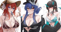 1other 3girls alternate_costume arknights arm_up bare_shoulders baseball_cap bikini black_bikini black_hair black_horns blue_hair breasts ch&#039;en_(arknights) ch&#039;en_the_holungday_(arknights) cleavage closed_mouth collarbone commentary demon_girl demon_horns doctor_(arknights) dragon_girl dragon_horns dusk_(arknights) english_commentary english_text eyewear_on_headwear food food_in_mouth front-tie_bikini_top front-tie_top gradient_skin green_hands green_horns hair_between_eyes hat highres horns horns_through_headwear large_breasts long_hair looking_at_viewer miniskirt multicolored_hair multiple_girls namikare navel official_alternate_costume parted_lips pointy_ears popsicle popsicle_in_mouth purple_eyes race_queen red_eyes red_hair skirt star_(symbol) stomach straw_hat streaked_hair surtr_(arknights) sweat swimsuit underboob upper_body white_skirt