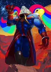 1boy animal_head arm_at_side black_boots blue_bodysuit blue_eyes bodysuit boots cape closed_mouth covered_abs covered_navel covered_pectorals fate/grand_order fate_(series) feet_out_of_frame film_reel gloves glowing hand_up light_bulb lion looking_at_viewer male_focus mane muscular muscular_male official_art pako_(pakosun) pectorals red_cape red_gloves sky snout solid_eyes solo standing star_(sky) starry_sky third-party_source thomas_edison_(fate) variant_set waist_cape white_fur white_hair