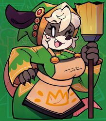Rule 34 | 1girl, :d, animal ears, animal nose, apron, arm up, atlyss, black claws, black fur, blonde hair, blush, breasts, bright pupils, broom, brown apron, cleavage, commentary, cropped legs, dress, fang, freckles, green background, green hood, hand on own hip, highres, holding, holding broom, hood, hood up, kandi bat, large breasts, looking at viewer, mouse tail, one eye closed, open mouth, plump, raccoon girl, sally (atlyss), smile, solid oval eyes, solo, tail, two-tone dress, two-tone fur, white fur, white pupils, yellow dress