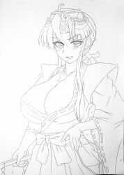 1girl breasts cleavage goggles goggles_on_head hand_on_own_hip highres japanese_clothes large_breasts long_hair looking_at_viewer low_ponytail miko monochrome nipple_slip nipples open_mouth ponytail sengoku_ace sengoku_blade sketch smile solo togashi_koyori traditional_media