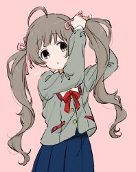 1girl ahoge artist_name blue_skirt blush bow bowtie breasts brown_eyes brown_hair cowboy_shot grey_jacket hair_bow hair_ribbon hakozaki_serika hands_up highres idolmaster idolmaster_million_live! idolmaster_million_live!_theater_days imo_(suruga) jacket junior_high_schoolmate_(idolmaster) long_hair long_sleeves looking_at_viewer parted_lips pink_background pink_ribbon pleated_skirt red_bow red_bowtie ribbon signature simple_background skirt small_breasts solo standing twintails tying_hair very_long_hair