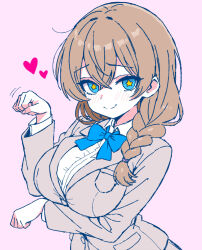 1girl blue_bow blue_eyes blush bow bowtie braid breasts brown_hair bungeiman_masa heart large_breasts looking_at_viewer original paw_pose simple_background single_braid star-shaped_pupils star_(symbol) symbol-shaped_pupils upper_body