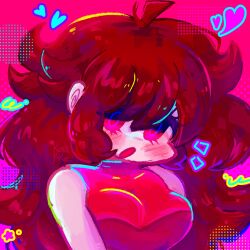 :o black_eyeliner blush breasts brown_hair colorful dress eyelashes eyeliner friday_night_funkin&#039; girlfriend_(friday_night_funkin&#039;) highres kur0kke large_breasts long_hair looking_at_viewer makeup multicolored_background pointy_hair red_dress sleeveless solid_circle_pupils thick_eyelashes