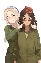 2girls ai-bon baggy_clothes black_eyes blonde_hair brown_hair closed_eyes commentary commission crimean_flag crimean_tatar dark_skin earrings embroidery english_commentary fez_hat floral_embroidery floral_print forced_smile freckles glasses hands_on_another&#039;s_face headscarf highres jewelry light_smile looking_at_viewer low_ponytail medium_hair messy_hair military military_fatigues military_uniform multiple_girls nervous_smile nervous_sweating olena_bozhuk original patch ponytail russo-ukrainian_war second-party_source shefika_(usergore) shoulder_pads shoulder_patch simple_background smile soldier sweat sweatdrop ukraine ukrainian_flag unit_patch white_background white_headscarf